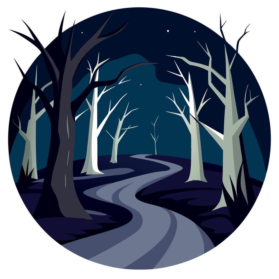 A dark forest with a road in the middle vector