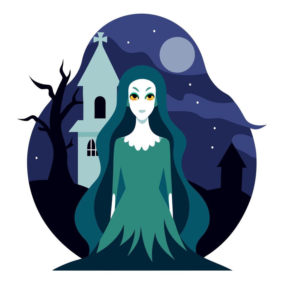 A ghostly woman in a green dress stands in front of a church vector