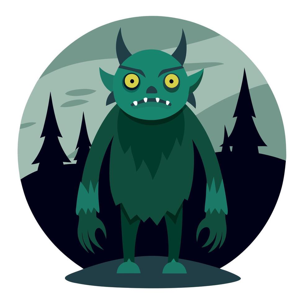 A cartoon green monster standing in front of a forest vector