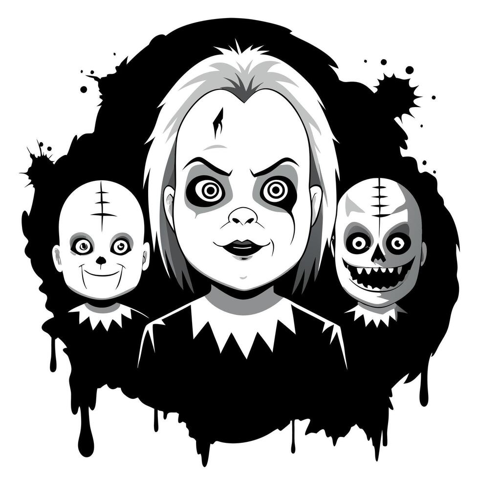 A black and white illustration of three creepy dolls vector