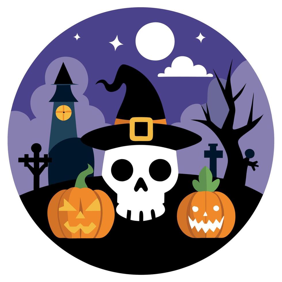 Halloween illustration with witch hat and pumpkin vector