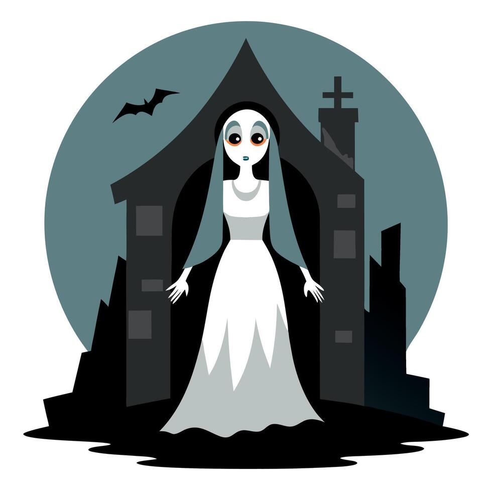 A ghost in a white dress standing in front of a church vector