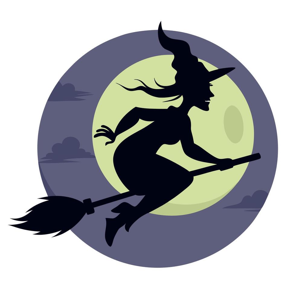 A silhouette of a witch flying on a broom with the moon in the background vector