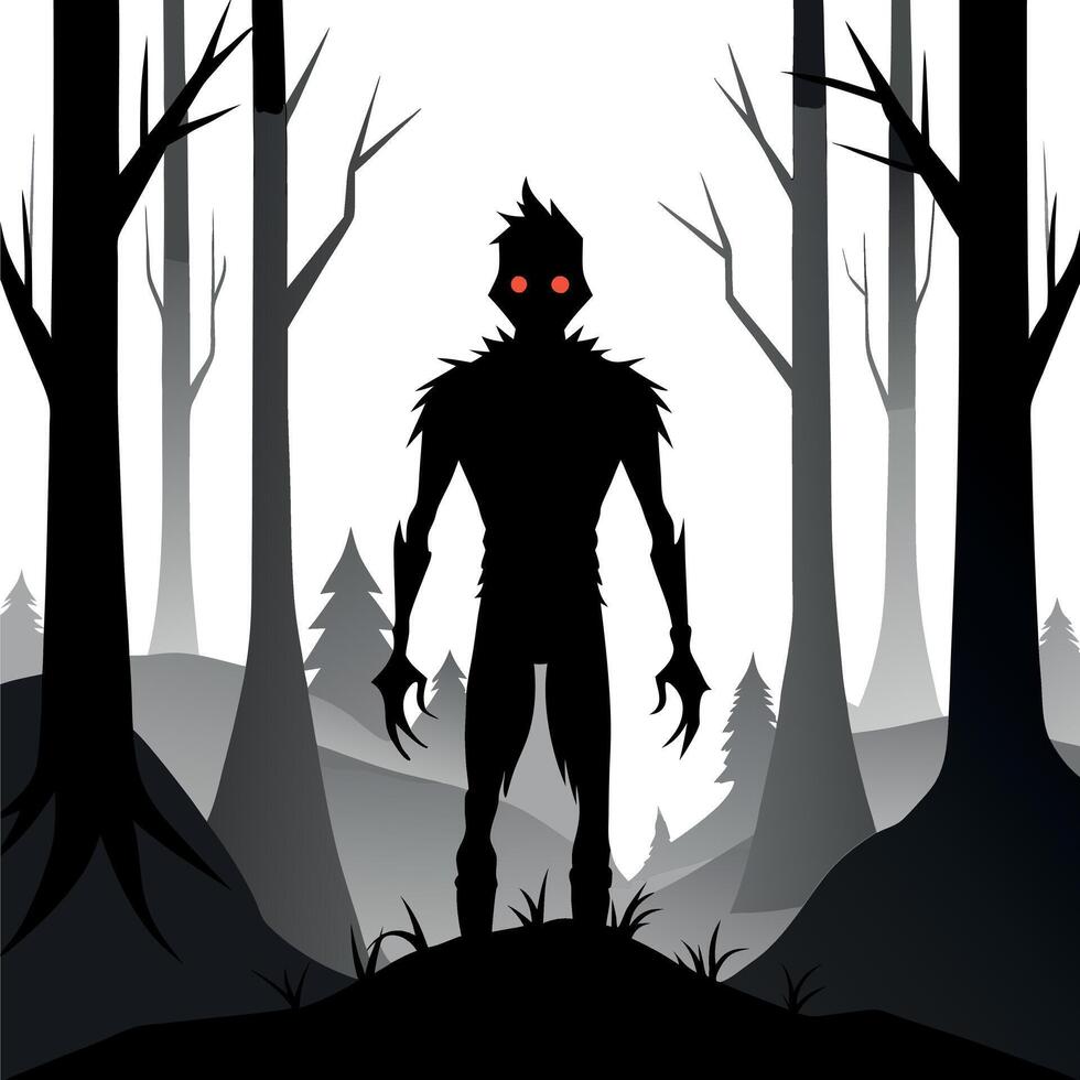 A silhouette of a man in the woods with red eyes vector