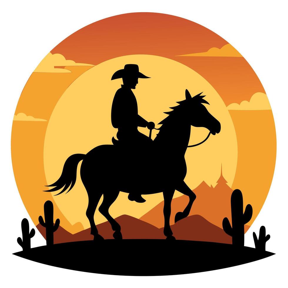 Cowboy riding horse in the desert at sunset vector