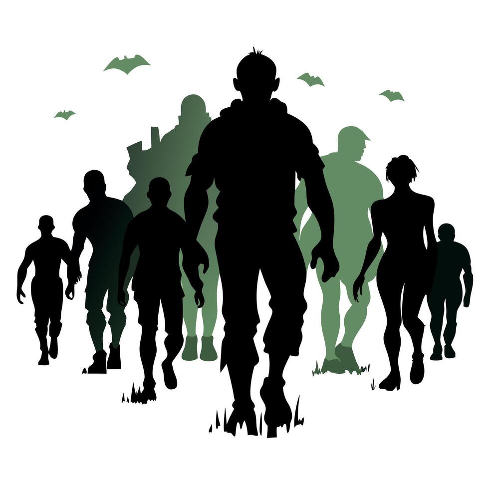 Silhouette of a horde of zombies walking towards the camera out of the mist. vector
