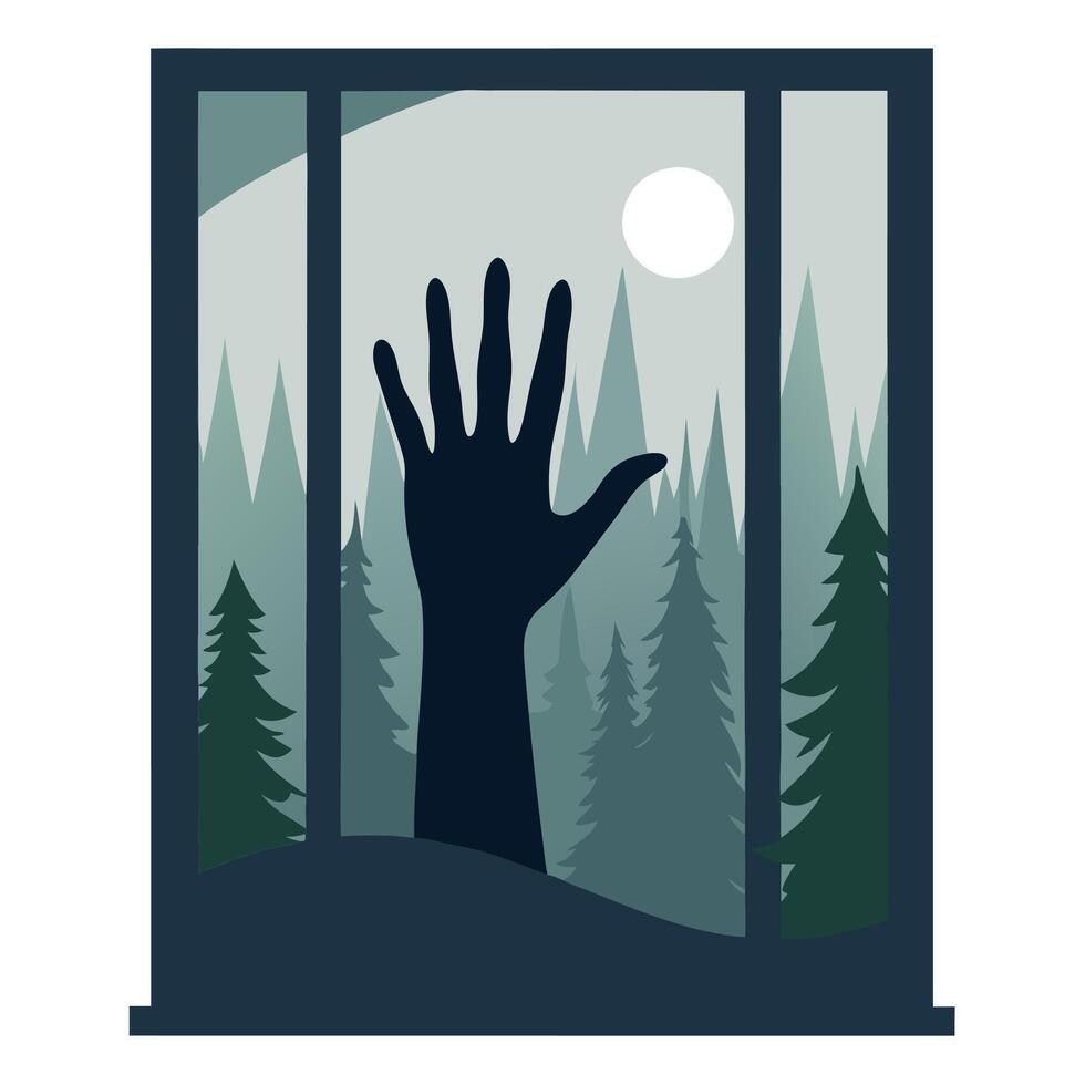 Silhouette of a hand on a glass window with blurred foggy forest background vector