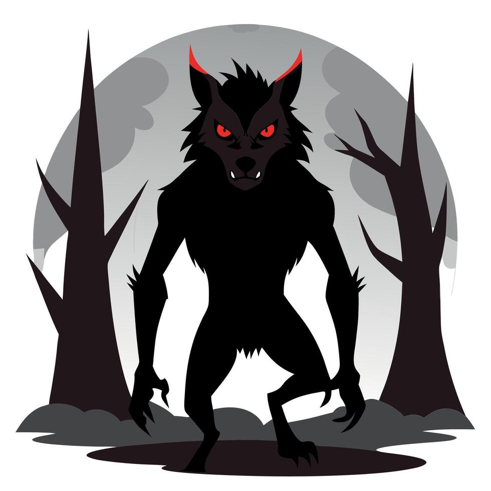 Sinister werewolf with red eyes in gloomy night forest shrouded in mist. full body portrait of scary wolf shifter grin in ominous dark woods ready for attack victim. vector