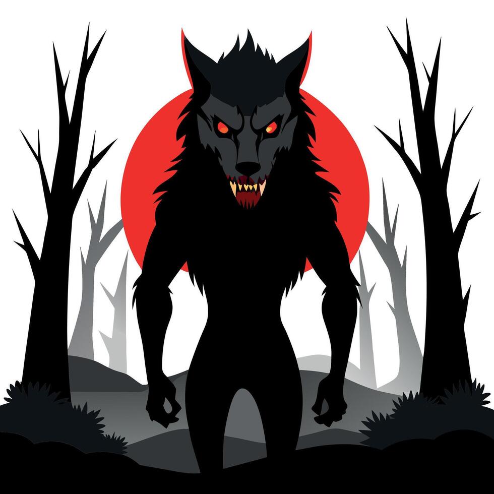 Sinister wolf shifter with red eyes in gloomy night forest shrouded in mist. scary werewolf grin in ominous dark woods ready for attack victim. evil werewolf hunter with red eyes. vector