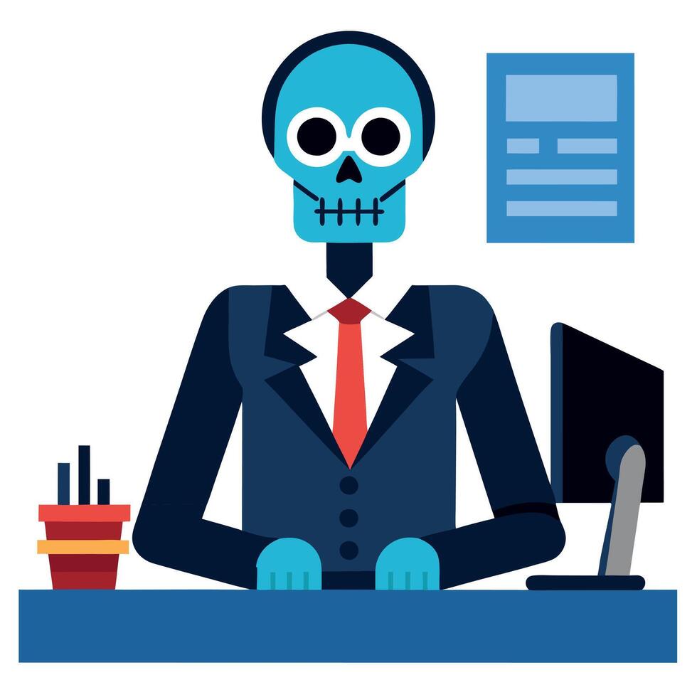 Skeleton businessman working in the office. Dead skeleton working at office vector