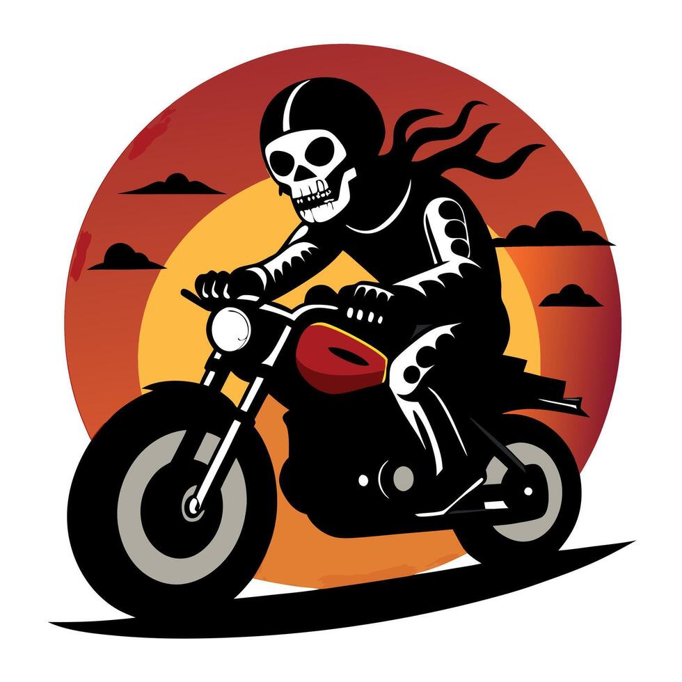 Skeleton biker rides a motorcycle into the sunset. vector