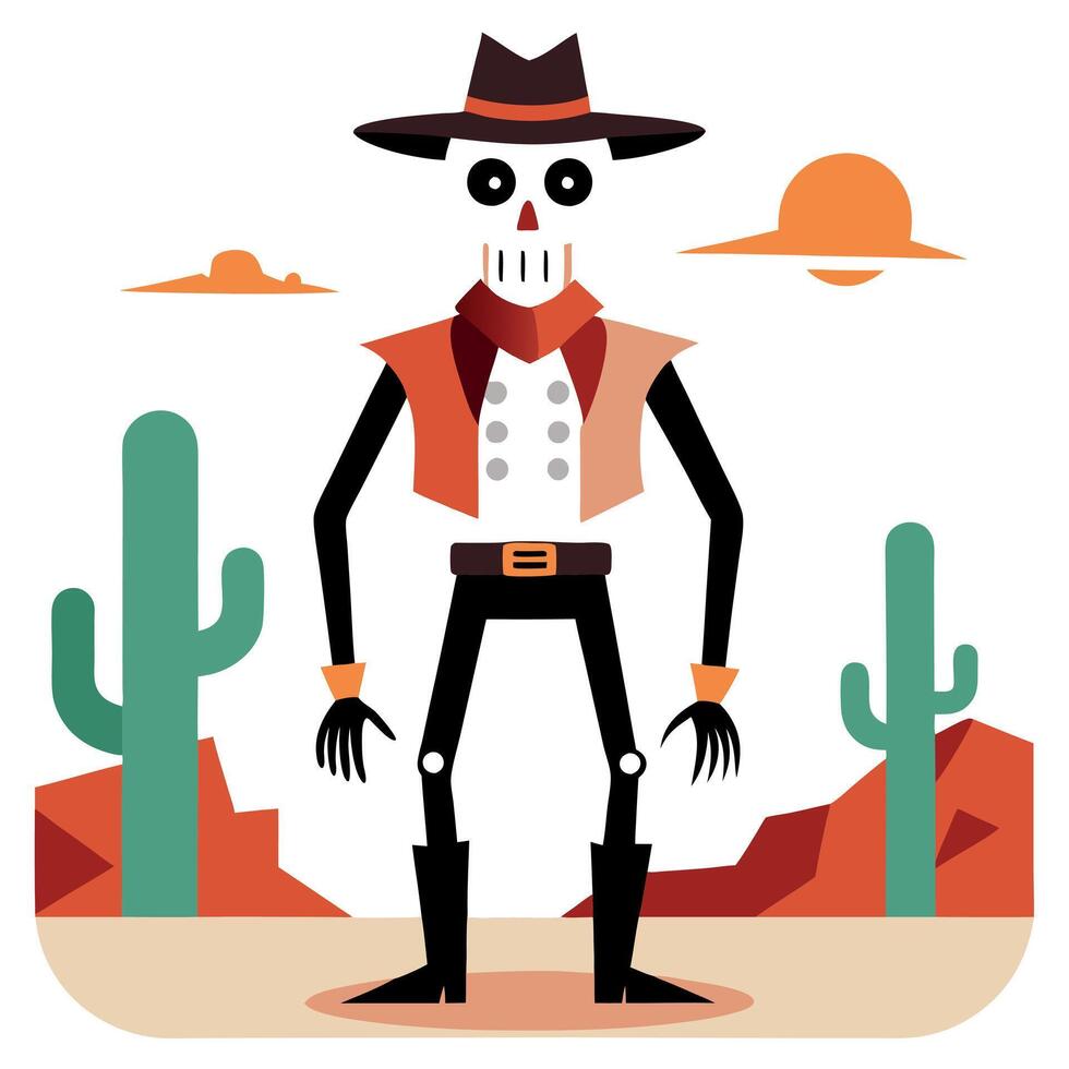 A skeleton in a cowboy hat and boots standing in the desert vector