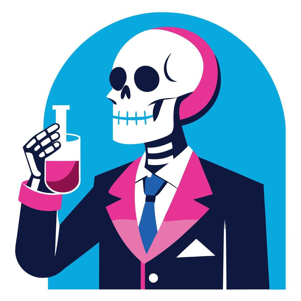 A skeleton in a suit holding a test tube vector