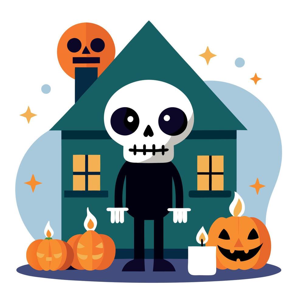 Skeleton is waiting for a Halloween party near a house decorated with pumpkins and candles vector