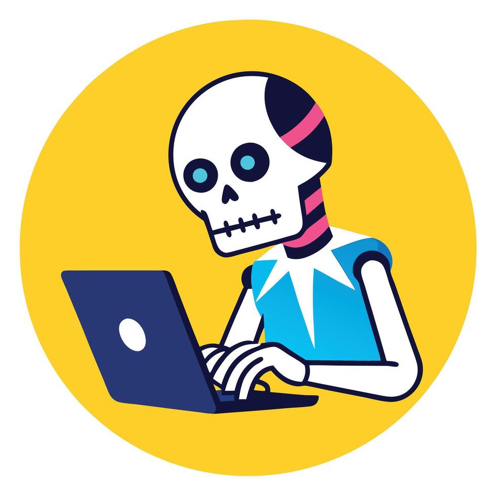 Skeleton using a laptop on a yellow background. . vector