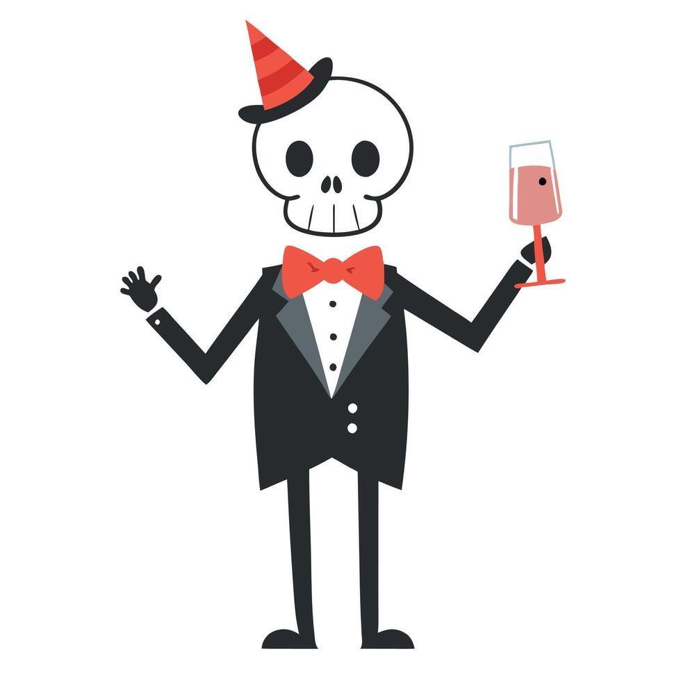 Funny skeleton in tuxedo holding a glass of wine vector