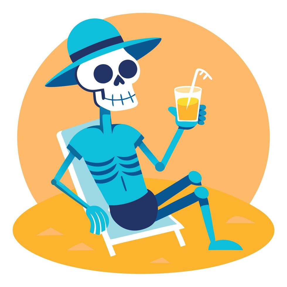 Skeleton zombie relaxing by the beach on vacation wearing hat holding drink vector