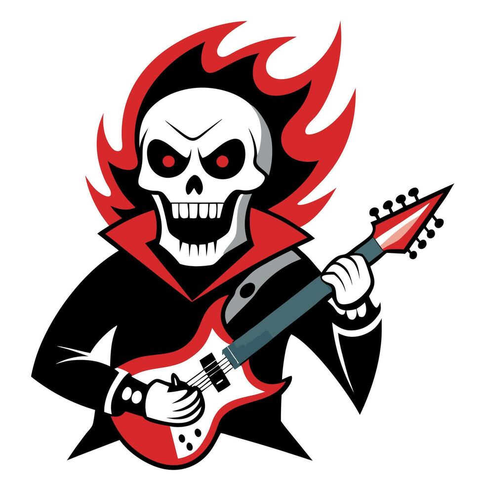 Skull and guitar and heavy metal illustration graphic. Scary skeleton guitarist rock star playing electric guitar. Hard rock design vector