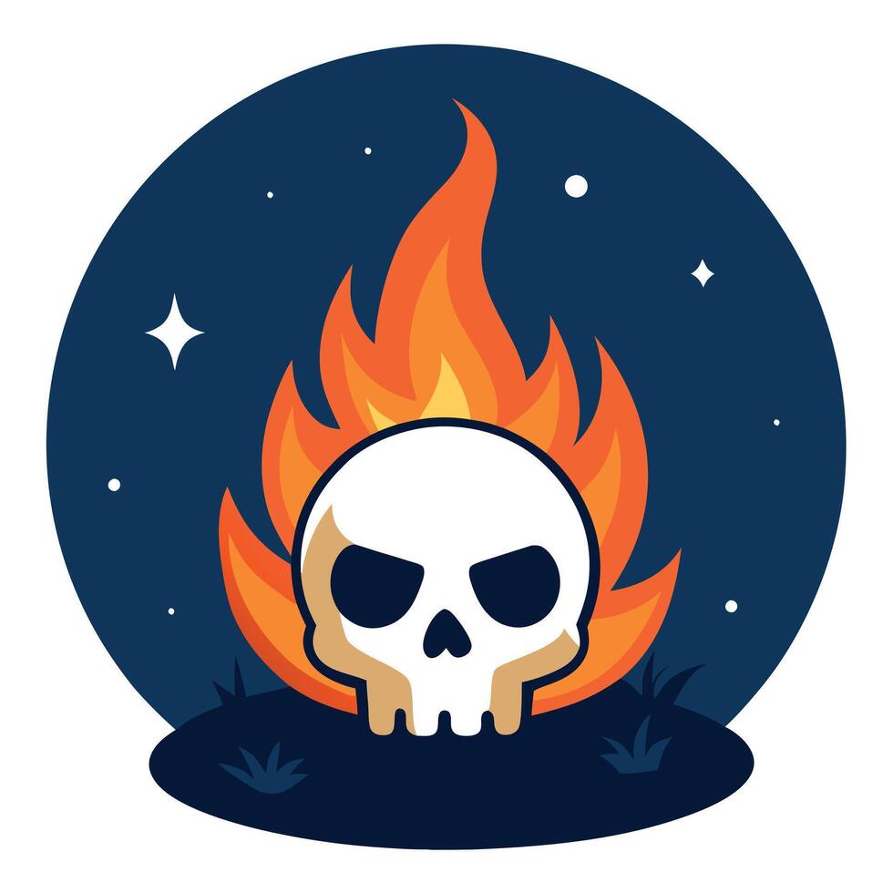 Skull burned in fire in dark Halloween night. Concept of Halloween. vector