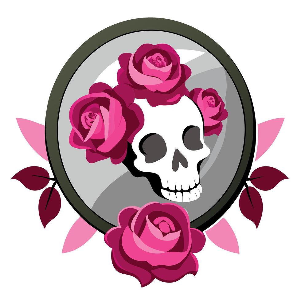 Skull bouquet of dead magenta roses mirrored vector