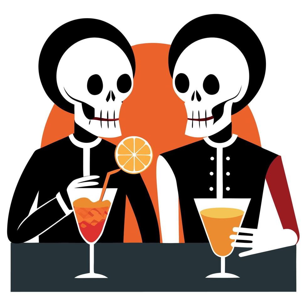 Two skeletons drinking cocktails in a bar vector