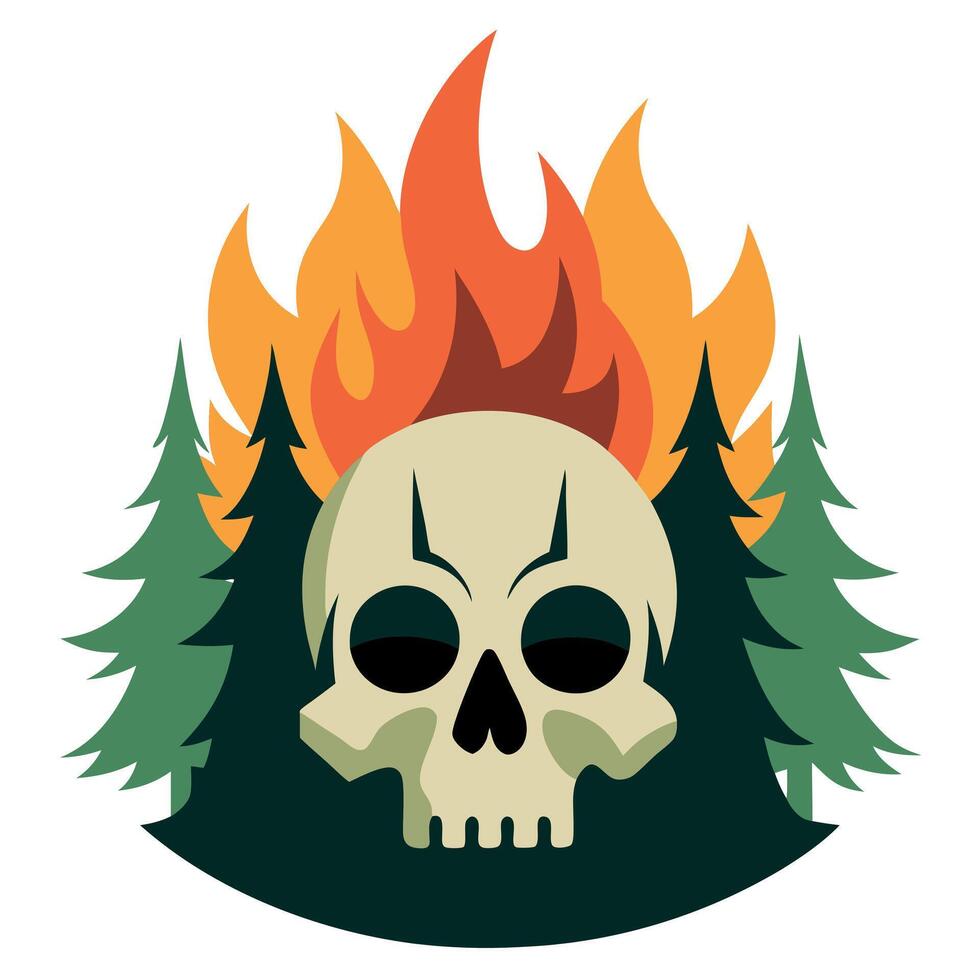 A skull with flames and trees in the background vector