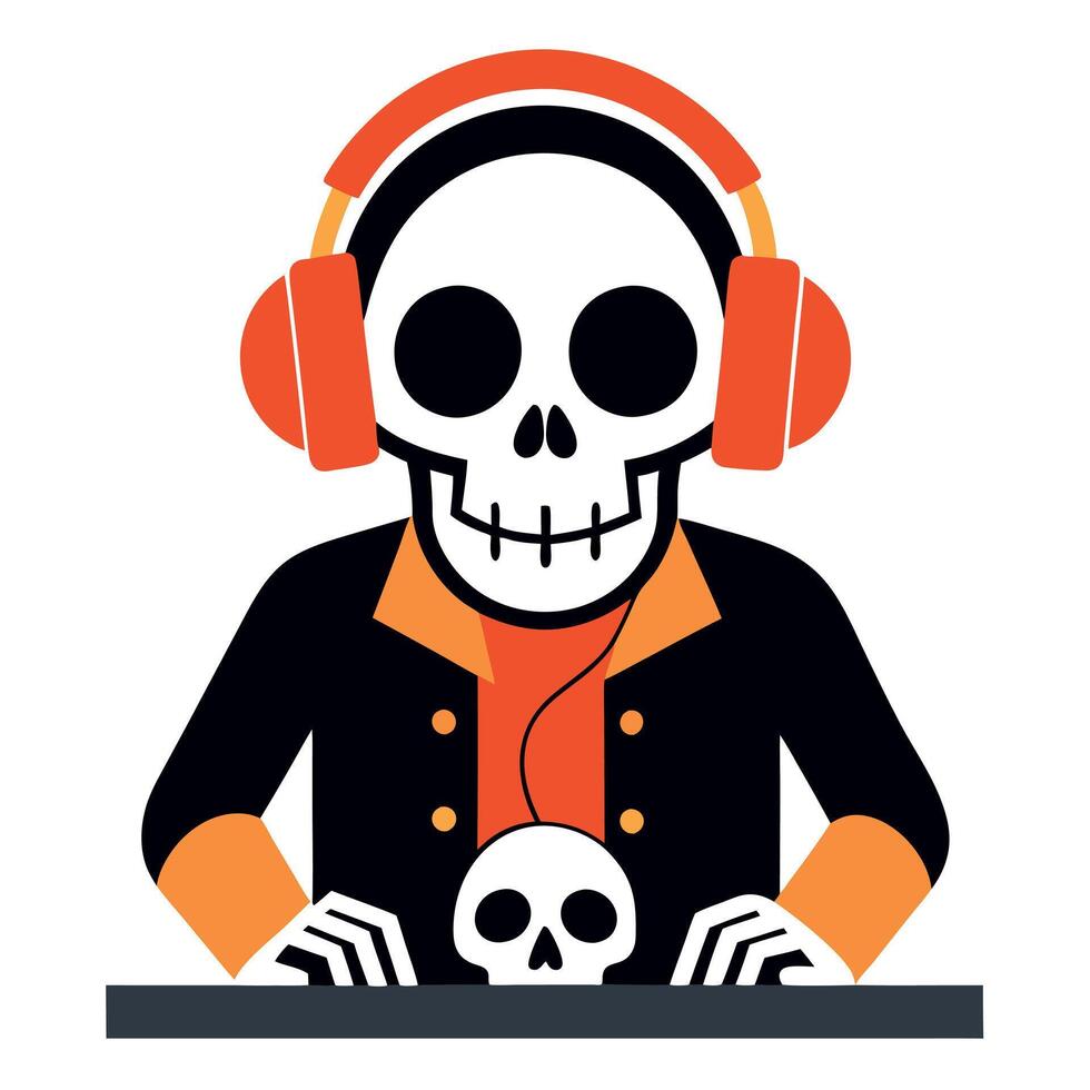 Skull skeleton dj Headphones in halloween party playing to music. with copy space vector