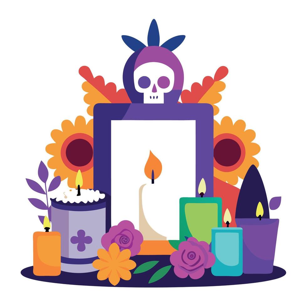 Day of the dead, flowers, candles and a skull vector