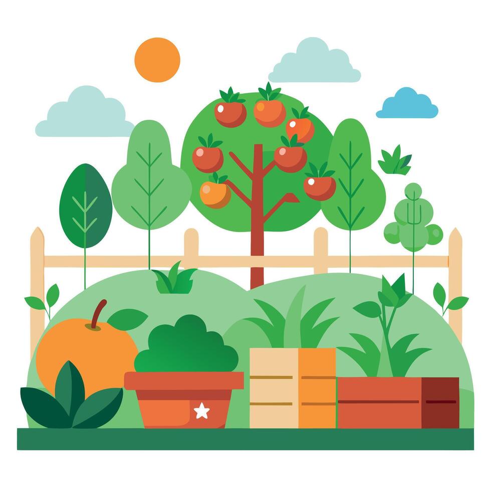 An illustration of an outdoor garden with fruit trees and plants vector