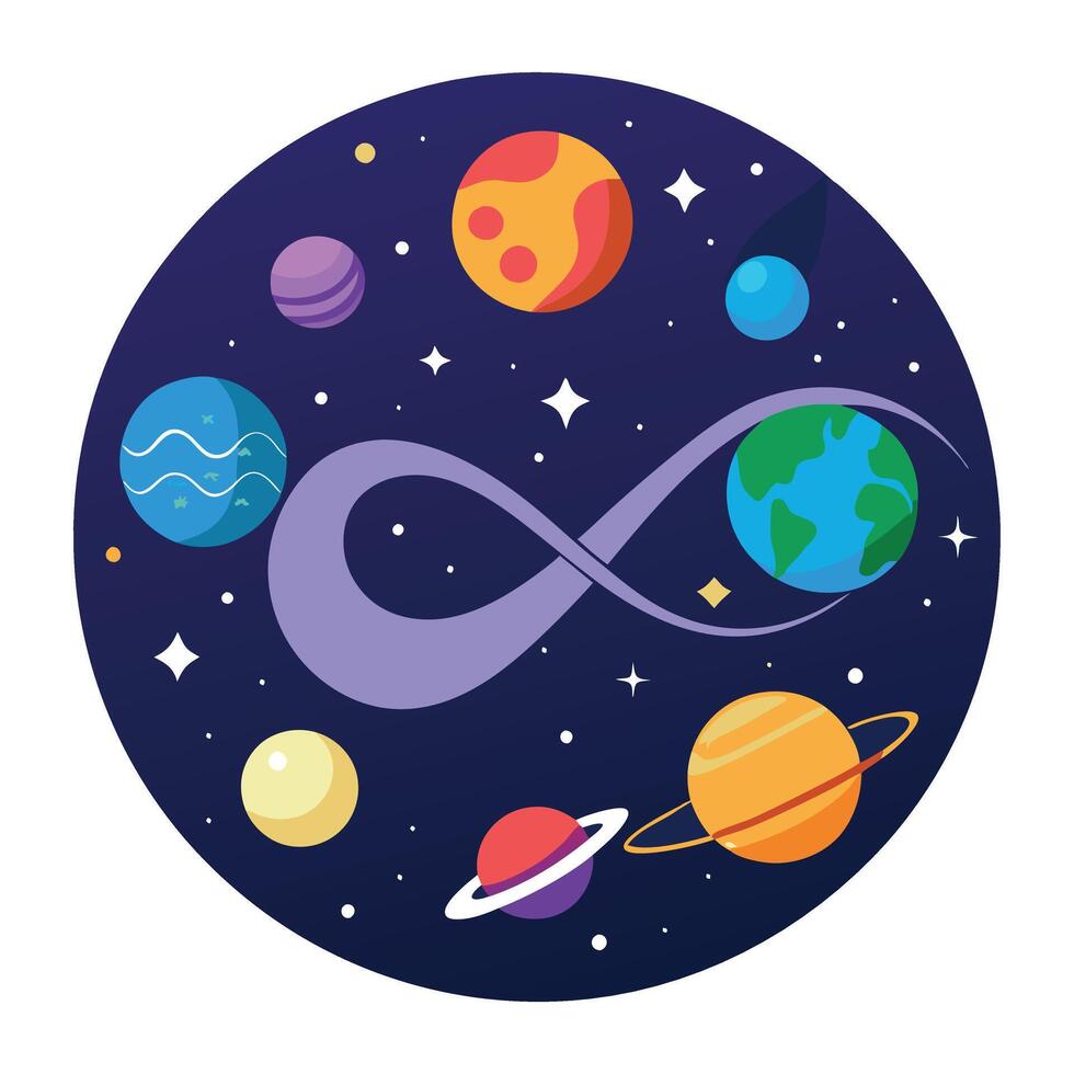 The universe is shown in a flat style with planets and stars vector