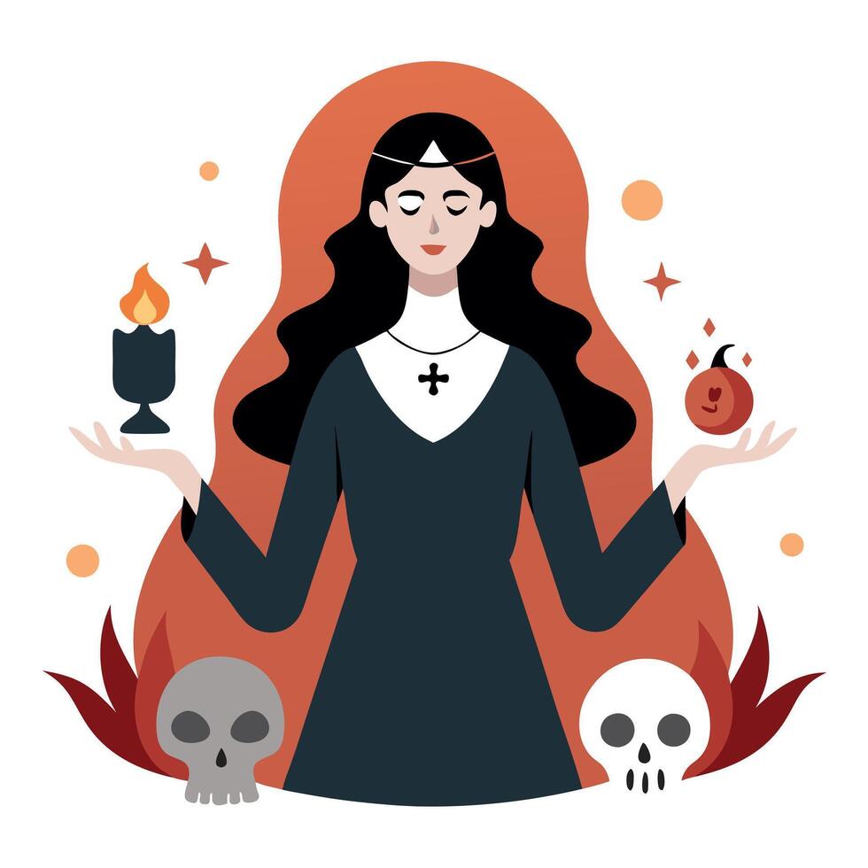 A woman in a black dress holding a candle and skulls vector