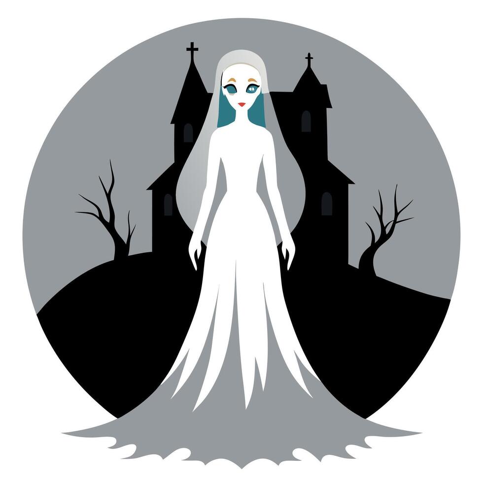 Spooky bride ghost in a white dress with a long white veil in the abandoned mansion. spooky atmosphere vector