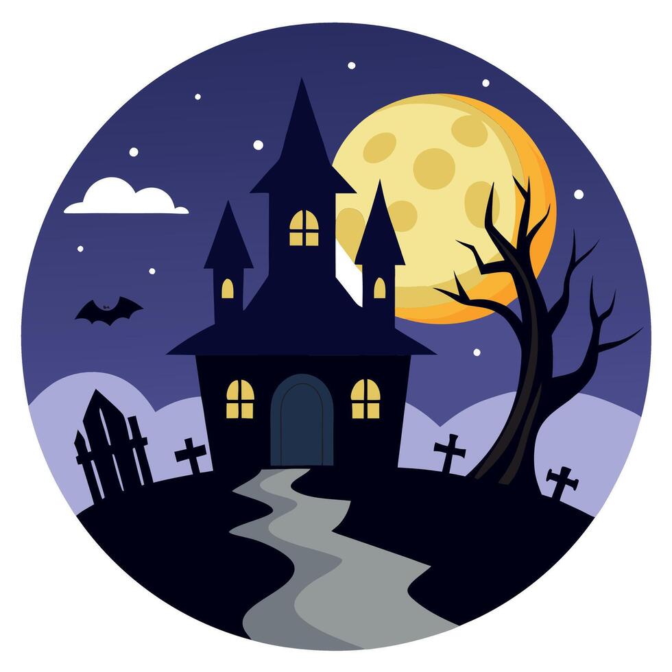 Spooky graveyard and haunted house at night cartoon illustration vector