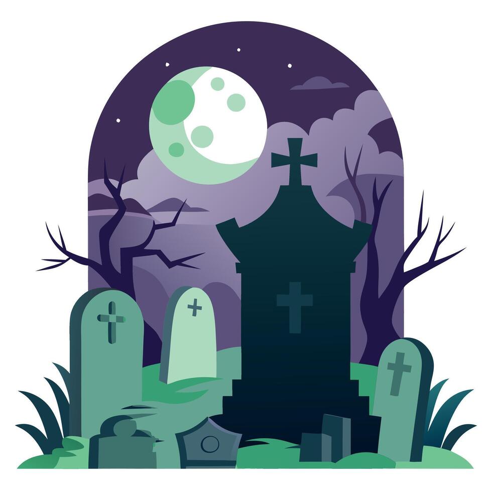 Spooky graveyard with several tombstones and a crypt covered with moss and vines. meanwhile mystical glowing fog fills the air. in the full moon vector