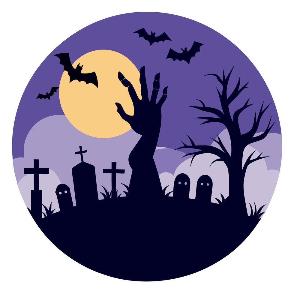 Spooky Halloween atmosphere in a grave yard ground two hands and bats in air. vector