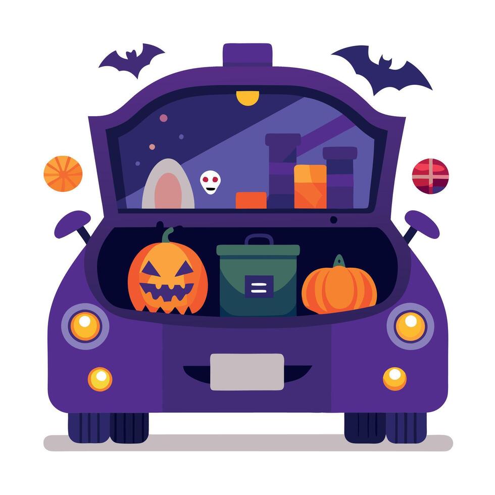 Halloween car with pumpkins, bats and other halloween items vector