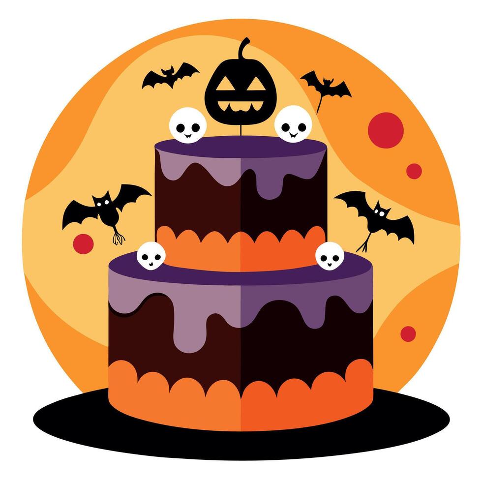 Spooky Halloween cake decorated with bats and pumpkins on orange background. vector