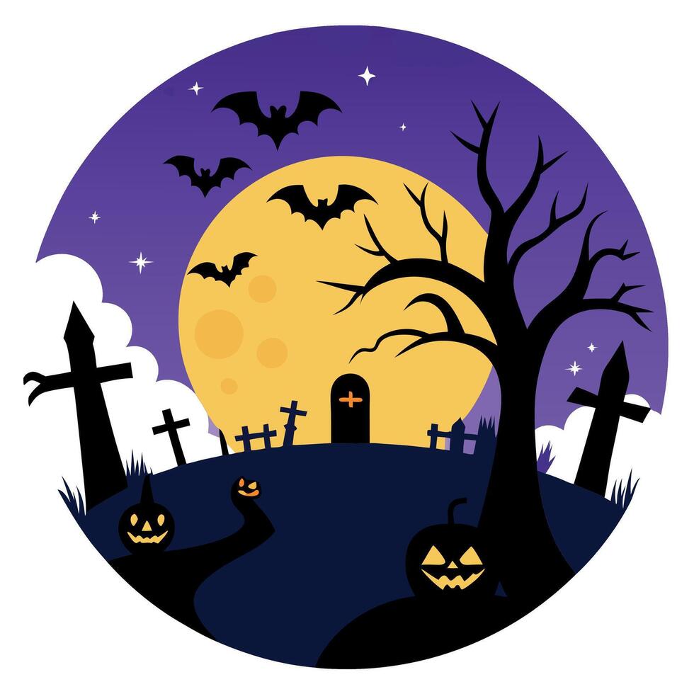 Spooky Halloween in the haunted forest graveyard with bats and scary trees. Happy Halloween Background. vector