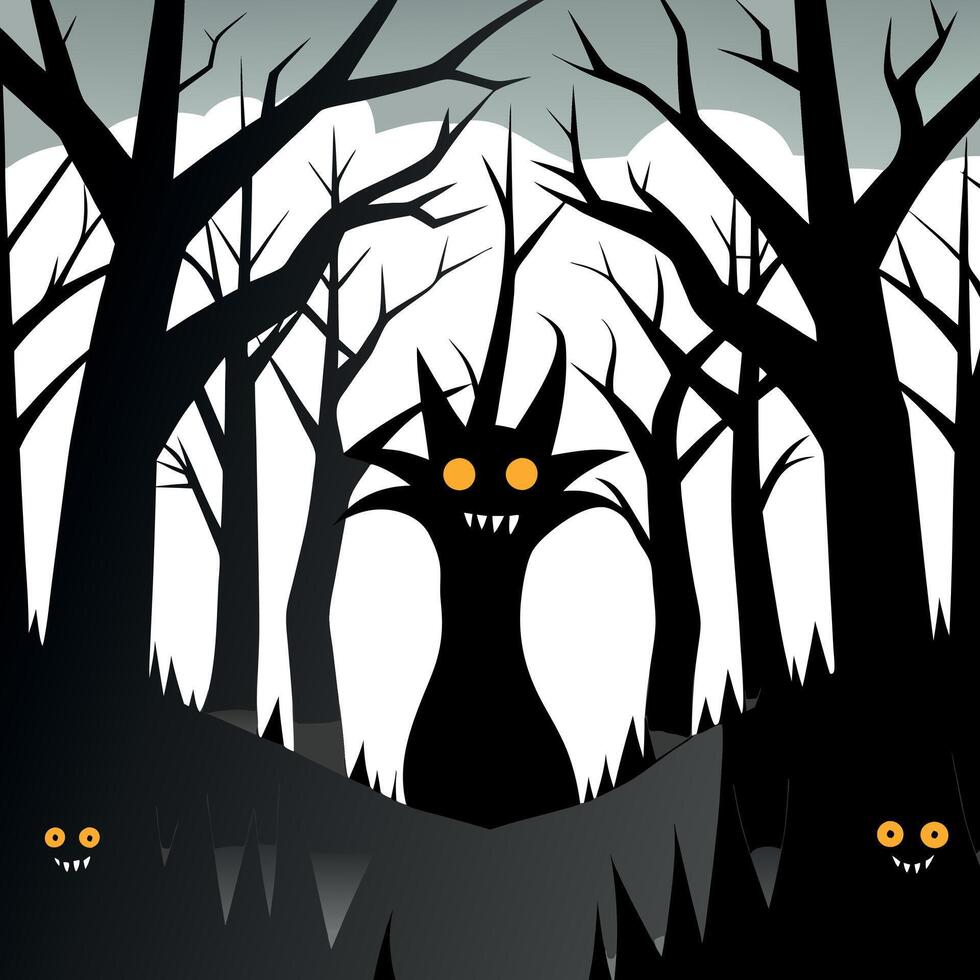 A black and white illustration of a scary monster in the woods vector