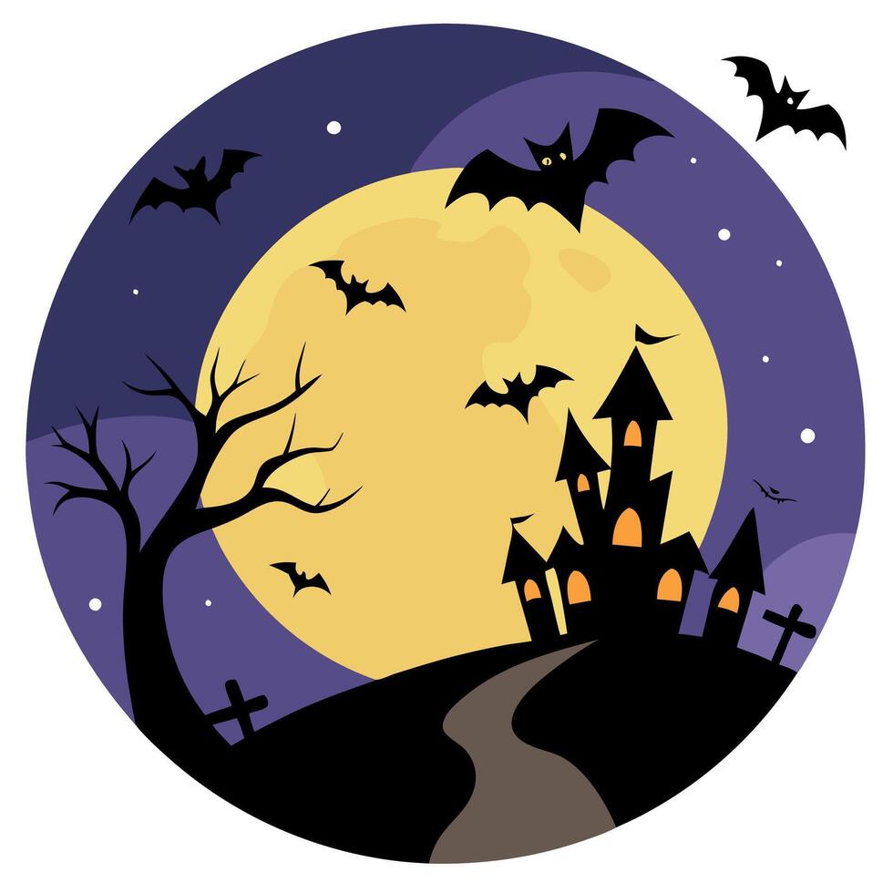 Spooky halloween sky background with bats and full moon background. vector