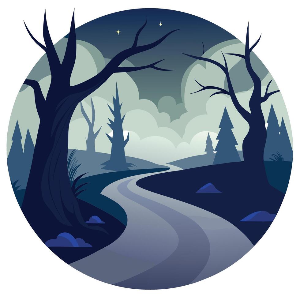 Spooky horror forest landscape. Path in the woods. Curly dry branches. Misty and foggy. Stormy night. vector