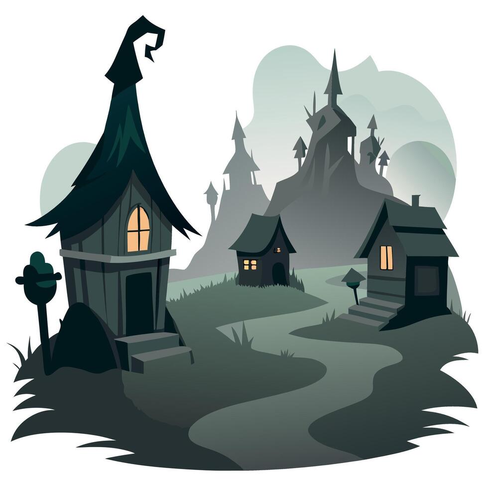 A cartoon village with a witch's house and a graveyard vector