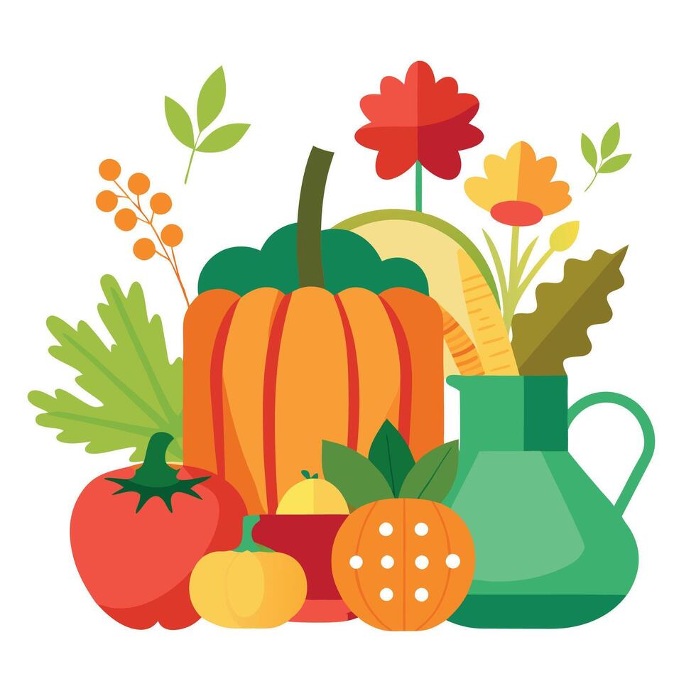 A colorful pumpkin, squash, and other vegetables are arranged in a flat design vector
