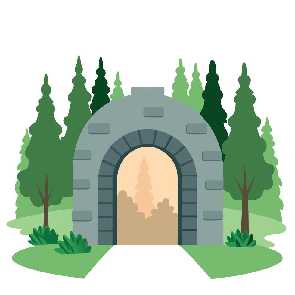 An illustration of a stone archway in the woods vector