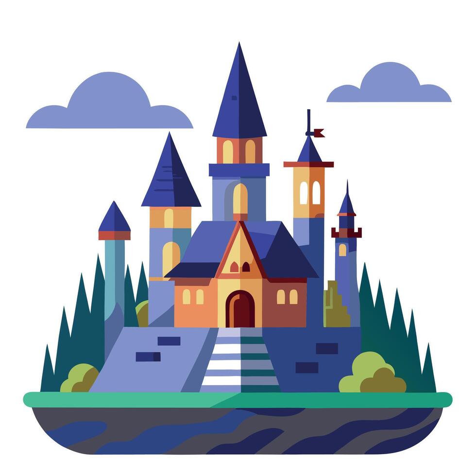 Fantasy castle with towers and towers on the island vector