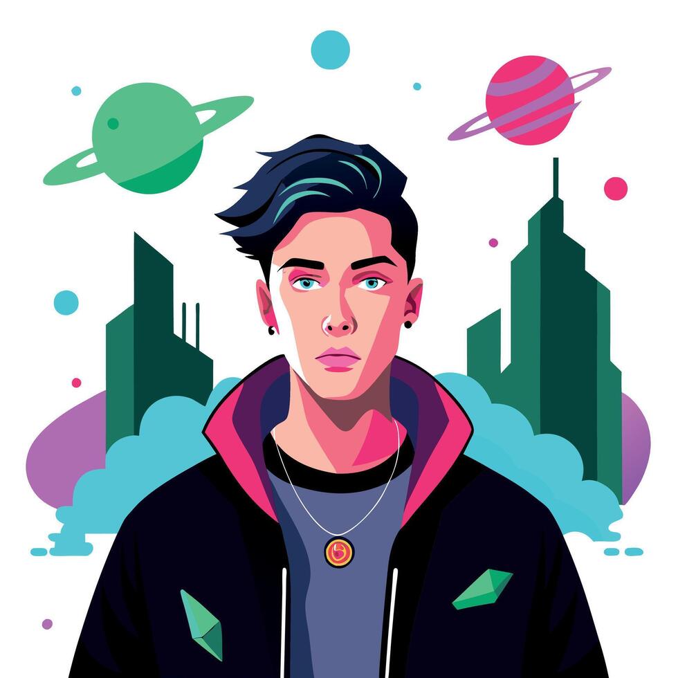 A man with black hair and a black jacket is standing in front of a city vector