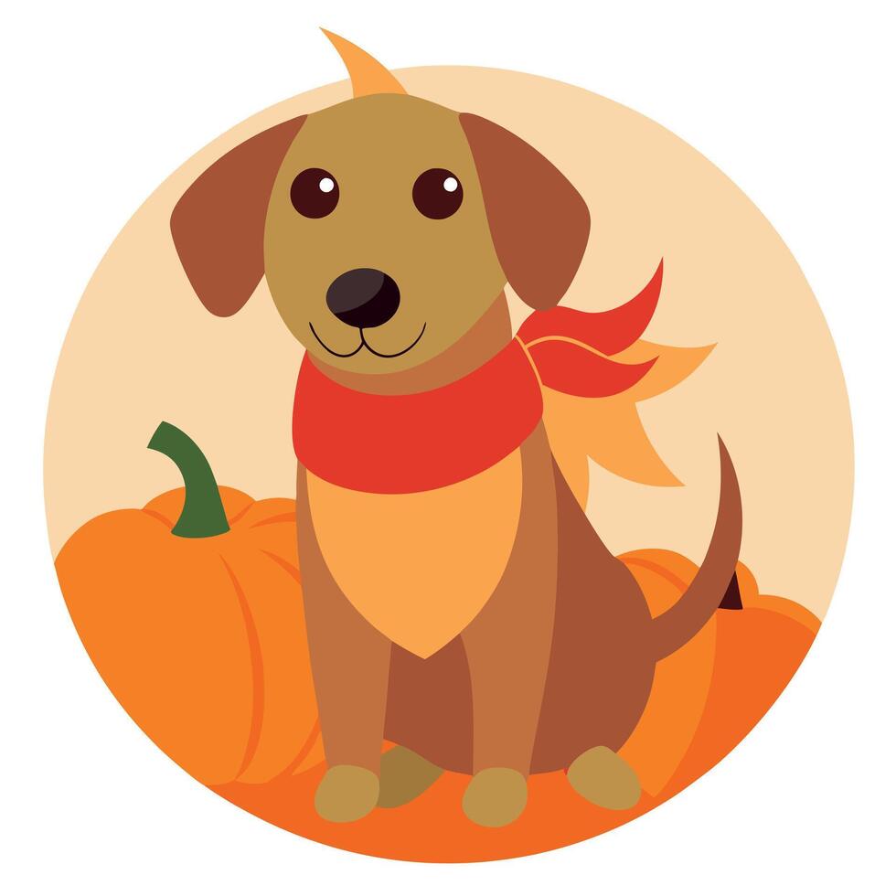 Sweet dog with scarf posing for halloween and thanksgiving with pumpkin background art vector