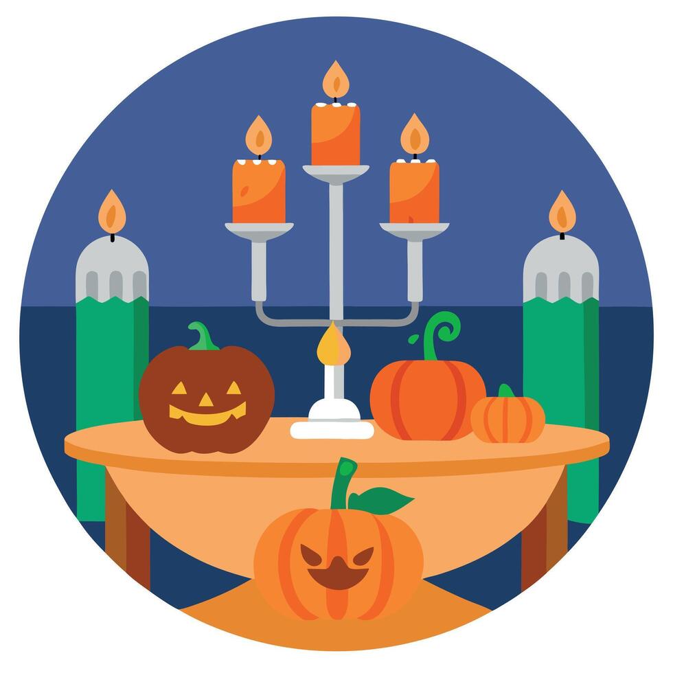 Table setting with pumpkins and candles in restaurant. Halloween and thanksgiving concept vector