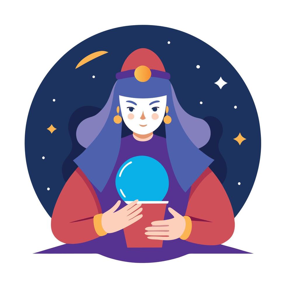 Tarot cards reading divination Psychic readings and clairvoyance concept. Crystal ball fortune teller hands. Pythoness reads tarot cards in a dark environment. High quality illustration. vector