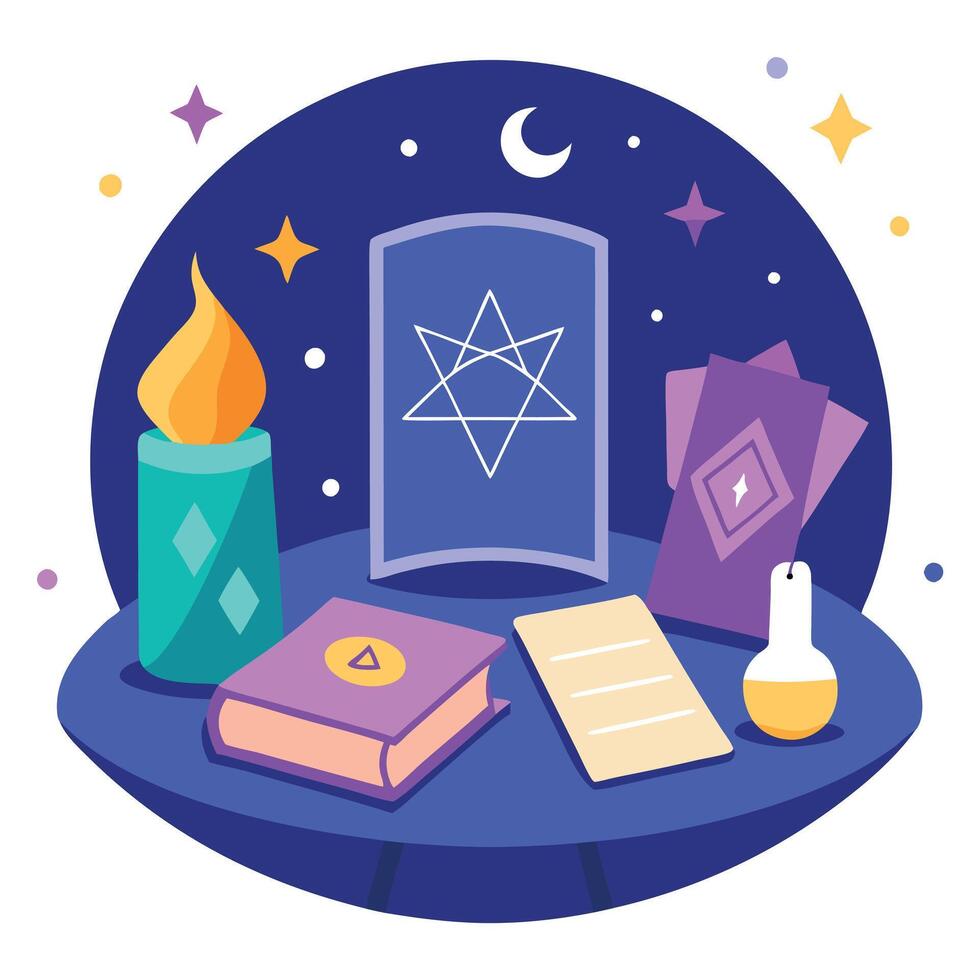 A table with books, candles and a star vector